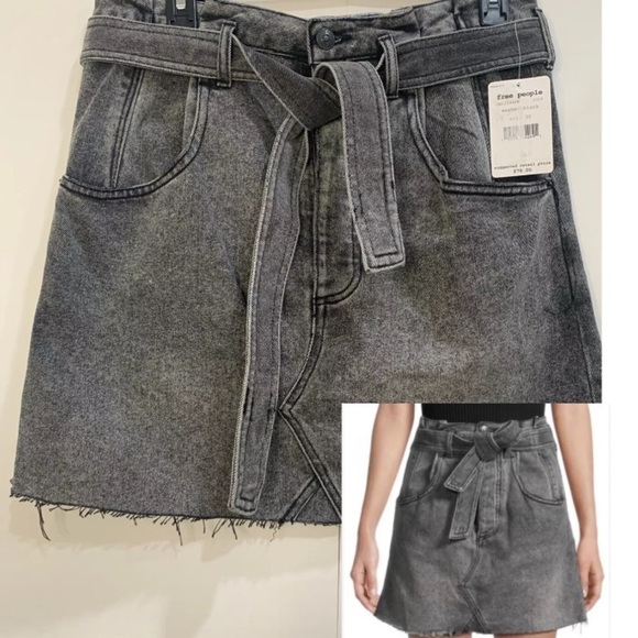 Black distressed boho WE THE FREE denim mini skirt size 25in waist. NEW - Picture 1 of 6